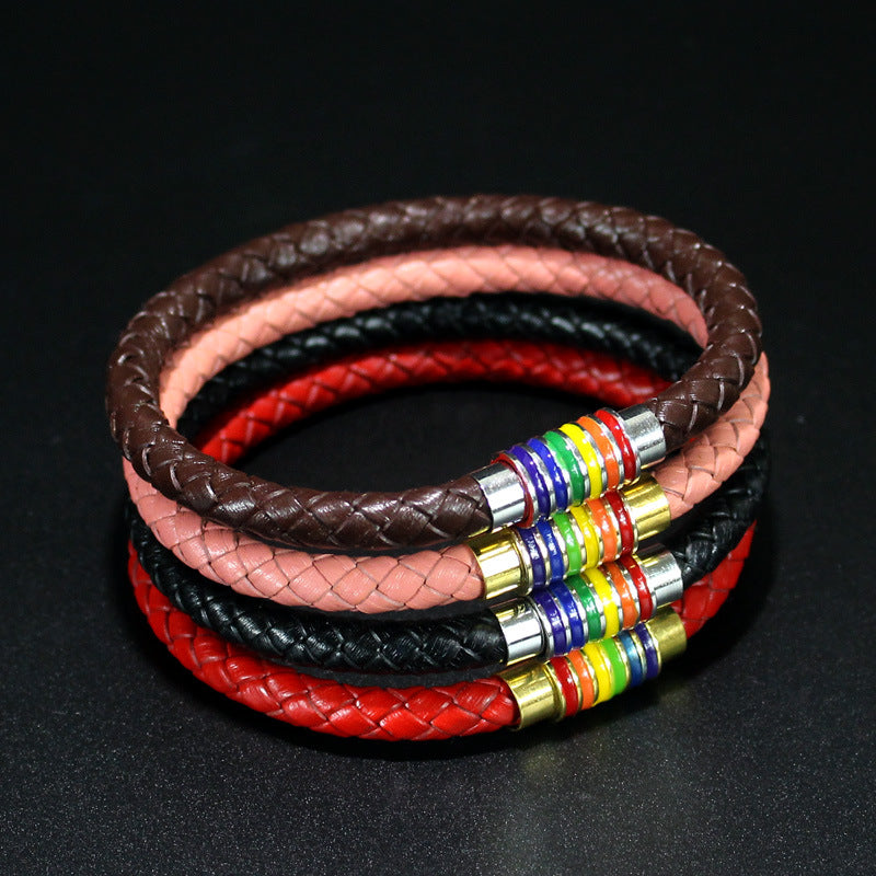 Rainbow Leather Bracelets For Women Men Black Brown Genuine Leather Bangle Magnetic Clasp Jewelry