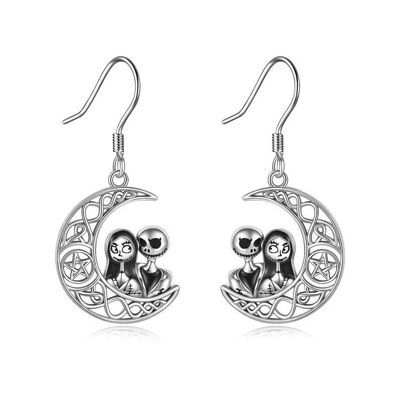 925 Sterling Silver Jack Skellington and Sally on the Moon Dangle Earrings