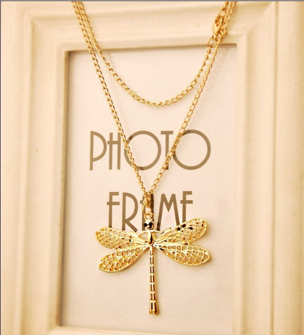 Popular New Fashion Exquisite Golden Hollow Dragonfly Necklace